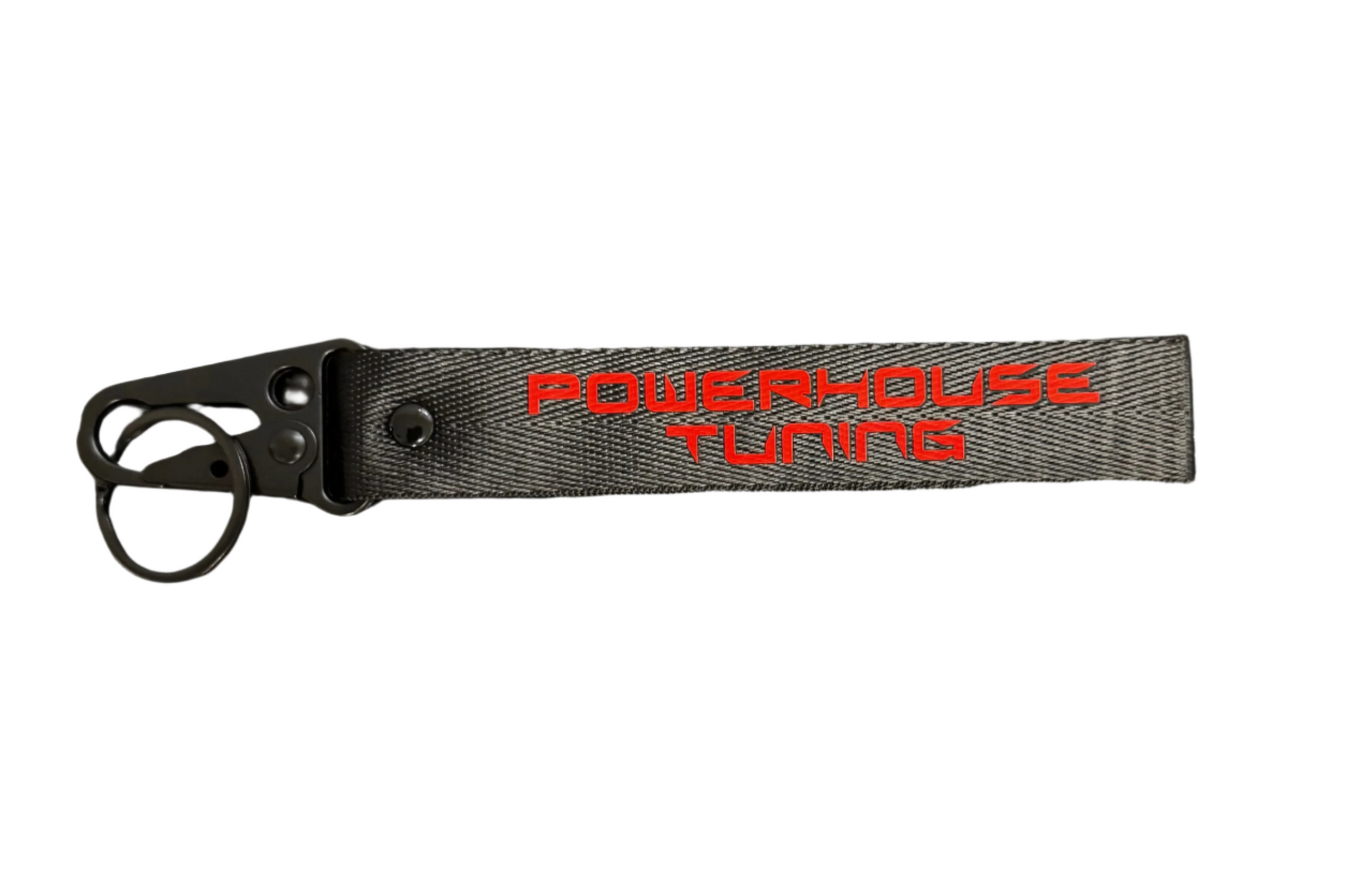 PowerHouse Tuning keychain with black fabric and red printed lettering, featuring a metal key ring and spring buckle.