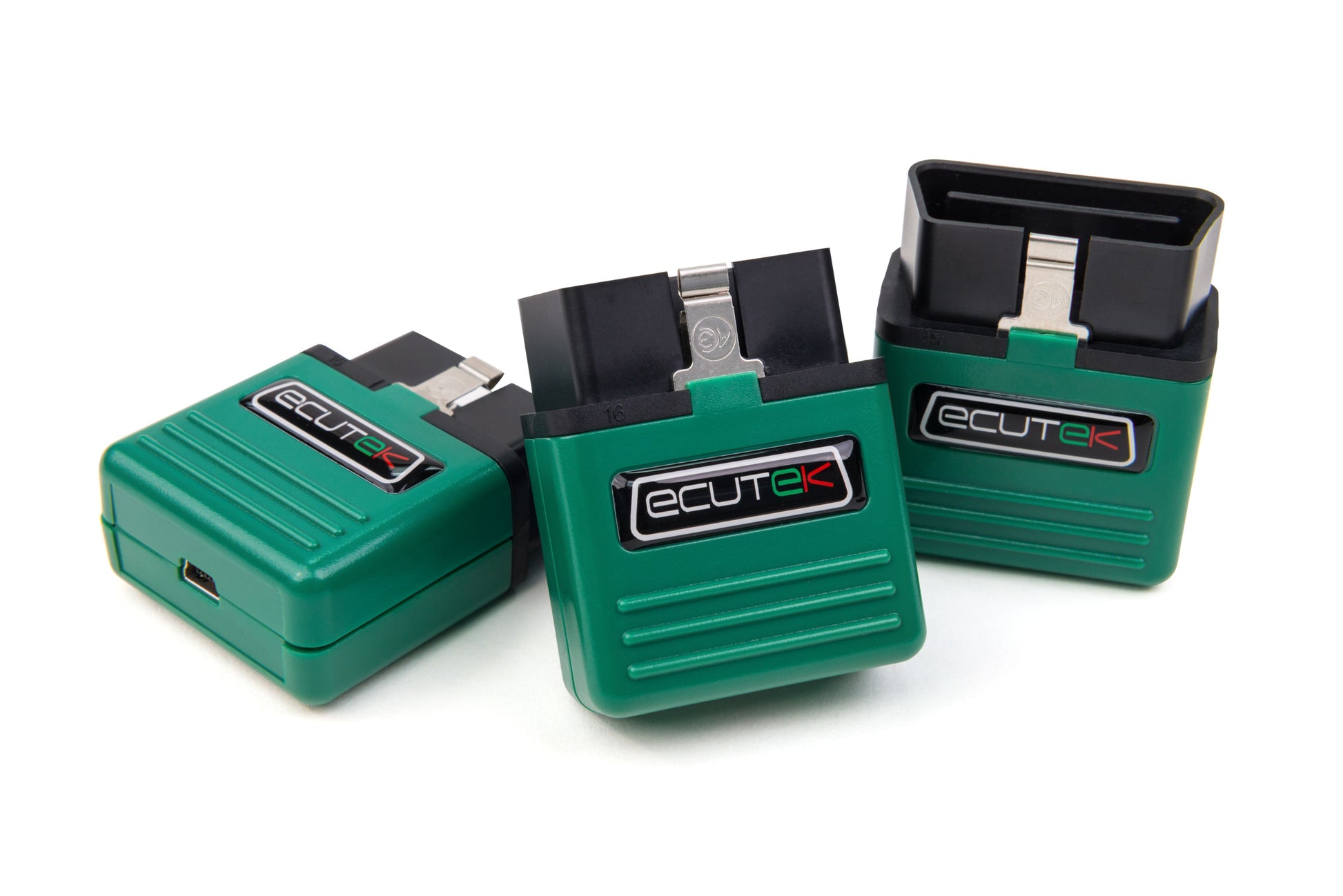 Close-up of PowerHouse EcuTek Bluetooth interface used for remote ECU tuning on Nissan and Infiniti VHR engines, enabling custom map flashing and performance tuning.