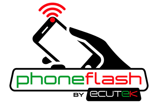 Logo of phoneflash by ecutek with a stylized phone and signal icon on a white background.