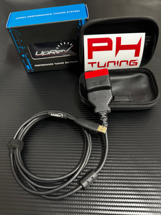Close-up view of UpRev Remote Tuning Kit’s OBD‑II connector and robust wiring, branded for PowerHouse tuning.