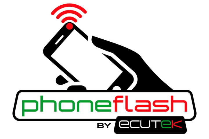 Logo of phoneflash by ecutek with a stylized phone and signal icon on a white background.